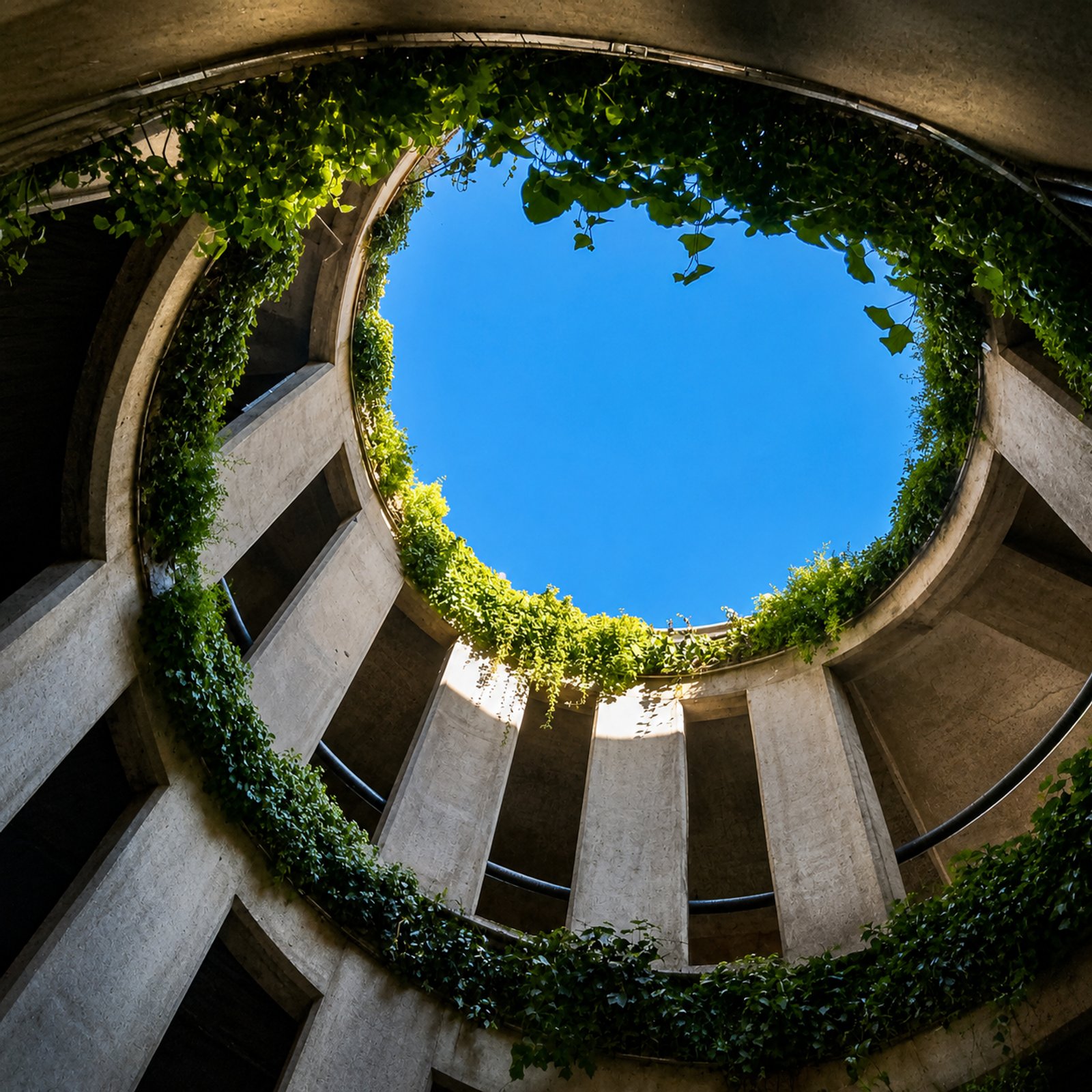 Estructura circular de hormigón con vegetación y cielo azul — proyecto Parking Oulton :: Córdoba :: Jardín Vertical :: Diseño y construcción STIPA Arte, por STIPA Arte Natural, en 